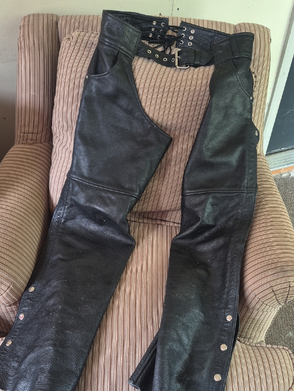 Black Leather Motorcycle Chaps with Lace-Up Waist